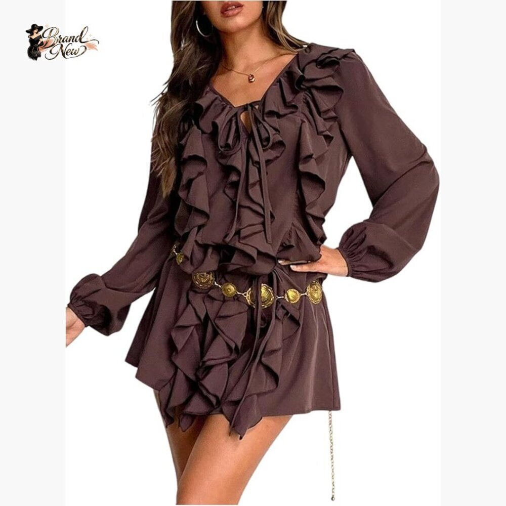 Long Sleeve V-Neck Mini Dress Ruffle Trim A-Line Casual Boho Style